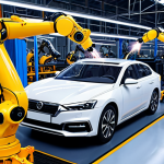 **Robotic arm assembling a car on a factory line, sparks flying, high-tech environment, focus on efficiency and precision.**