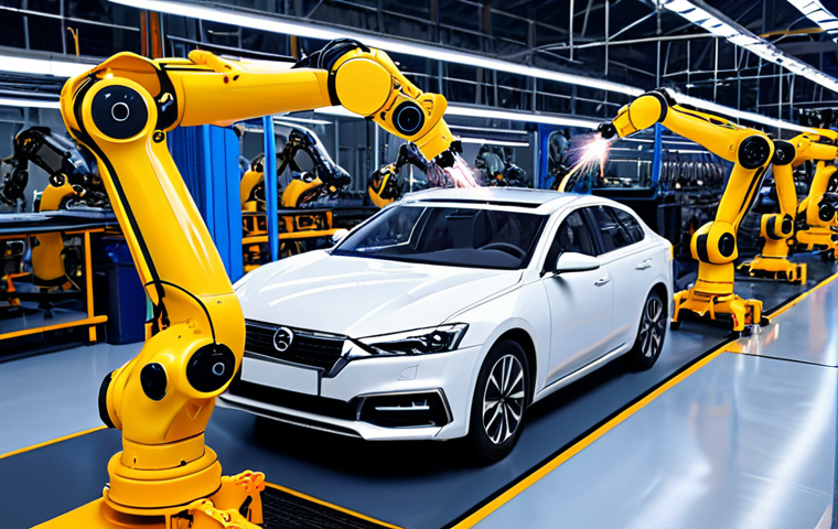 **Robotic arm assembling a car on a factory line, sparks flying, high-tech environment, focus on efficiency and precision.**